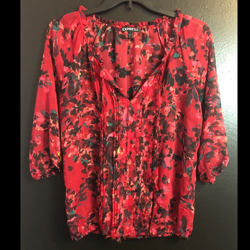 Express Red Floral Ruffle Tie Peasant Blouse